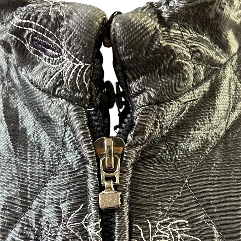 Leomarina Boutique Women Jacket Grey Quilted Embroidered Full Zip Side Pockets‎